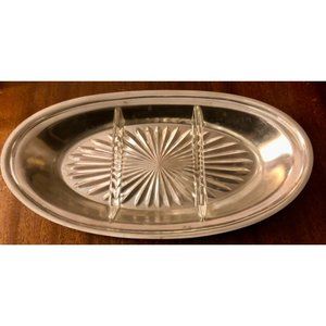 Steiff pewter serving tray w/ divided glass relish olive dip insert‎